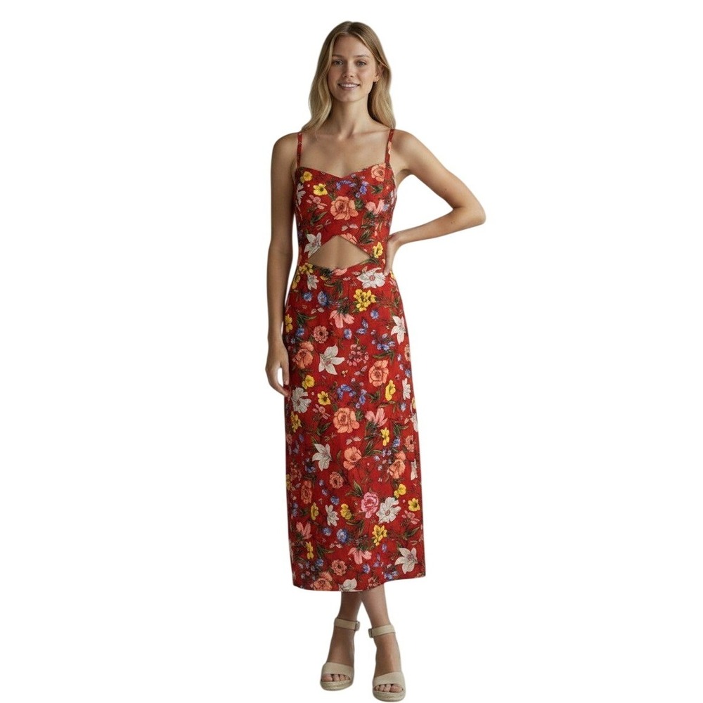 HOLLISTER Women's Red Floral Cutout Maxi Dress Size Medium Smocked Back Boho